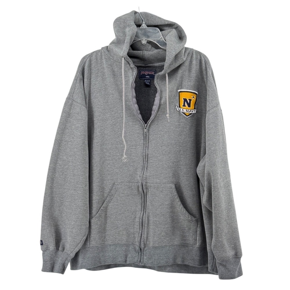 Jansport US Navy Full Zip Hoodie Sweatshirt Heather Gray XXL Military Gorpcore